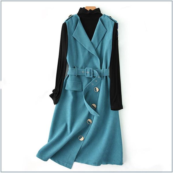 

sigrid spring осень женщины наборы с длинным рукавом вязаные топ поворотный воротник средний жилет платье мода двухструктурные комплектные к, Gray