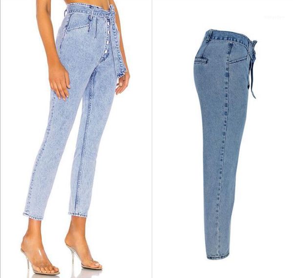 

denim jeans women pencil pants high waist bandage lace up belt paper bag trousers single breasted button streetwear boyfriend1, Blue