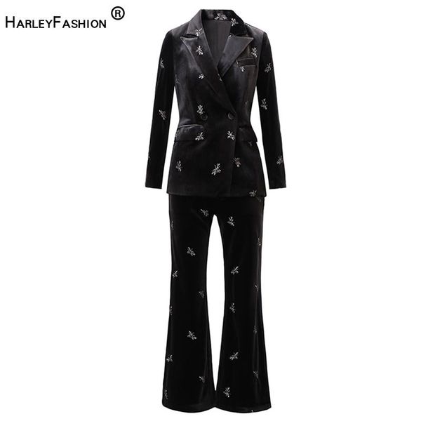 

harleyfashion luxury fall winter women velvet pants suits quality high street two pieces sets exquisite embrodiery outfits, White