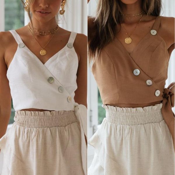 

2019 new color button solid bandage sling damen casual 1, White