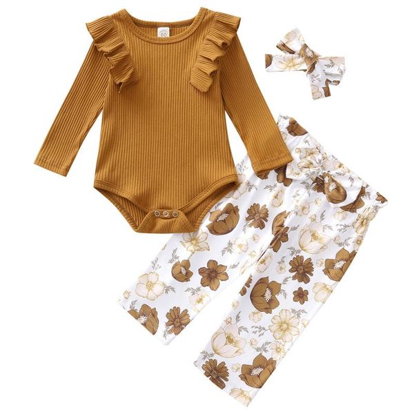 

clothing sets 2021 born casual sleeve round neck romper flower print trousers headband 3 pcs outfits baby girl, White