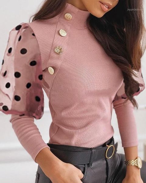 

women's sweaters mesh dot puffed sleeve buttoned blouse1, White;black