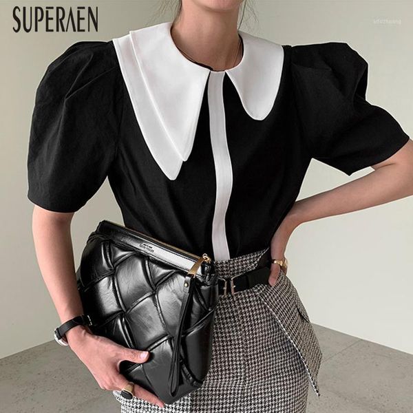 

superaen korean style women shirts new 2020 summer cotton solid color ladies blouses and wild lapel women clothing1, White