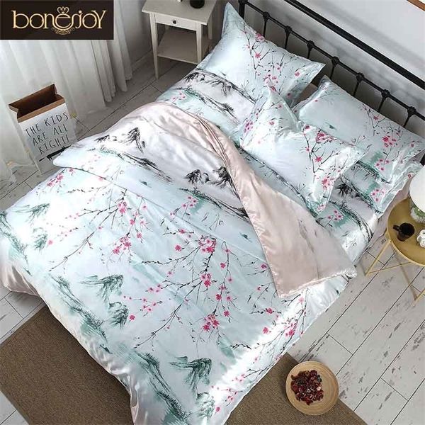 Bonenjoy Biancheria da letto in stile cinese Raso di seta Lenzuolo piatto Estate usato Copriletti Set di biancheria da letto stampata a fiori Biancheria da letto queen size 201127