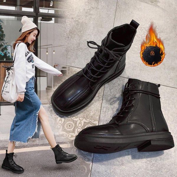 

flat heel lace up lady boots brand women's shoes boots-women round toe winter footwear fashion rubber rock med 2021 autumn, Black