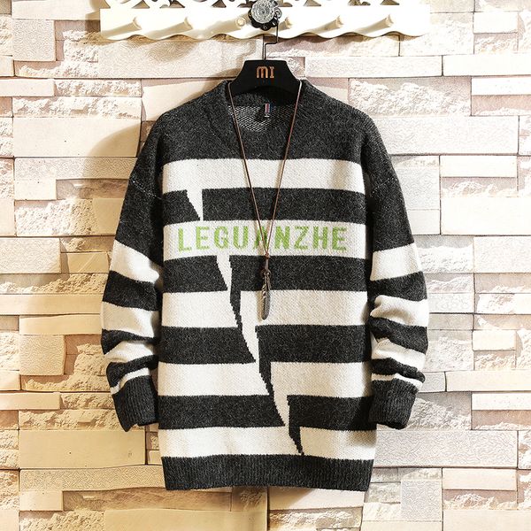 

2020 new men's striped black sleeves long autumn winter sweater knitted neck more oversize 5xl ayeq, White;black