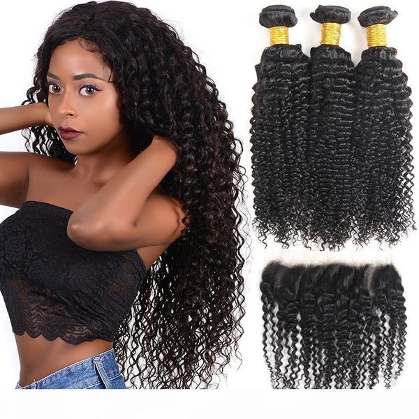 

indian kinky curly bundles with 13x4 lace frontal indian curly hair with closure unprocessed unprocessed human hair extension, Black