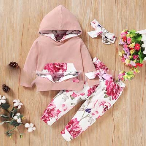 

autumn new style cotton hooded long-sleeved sweater and printed trousers headband 3 piece set, White