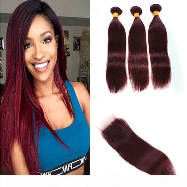 

9a brazilian wine red hair with closure 4pcs lot 99j two tone brazilian hair weave bundles with straight 4x4 lace closure, Black;brown