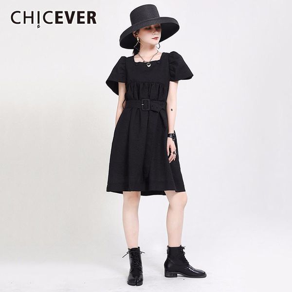 

chicever women's dress square collar puff short sleeve high waist with sashes casual dresses female summer 2020 fashion tide1, Black;gray