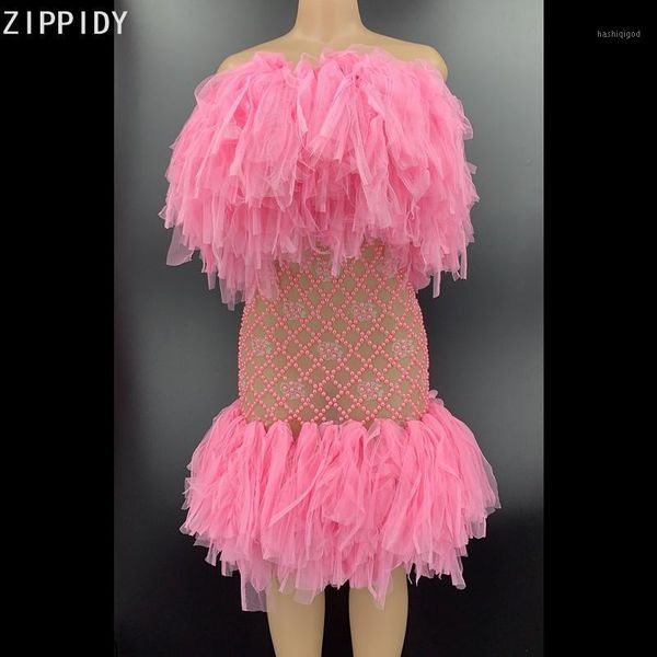 

pink pearls mesh tassel mini dress female singer show transparent outfit prom party birthday dance dress youdu1, Black;red