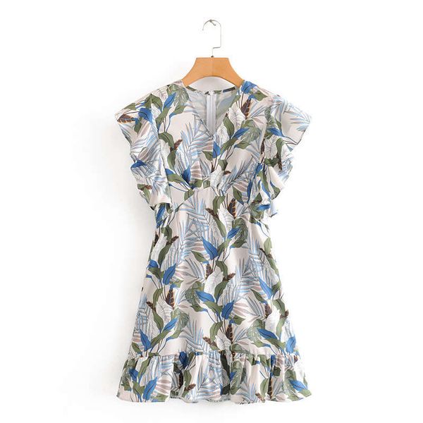 

m5759 women's wind 2020 summer new v-neck leaf print ruffle dress, Black;gray