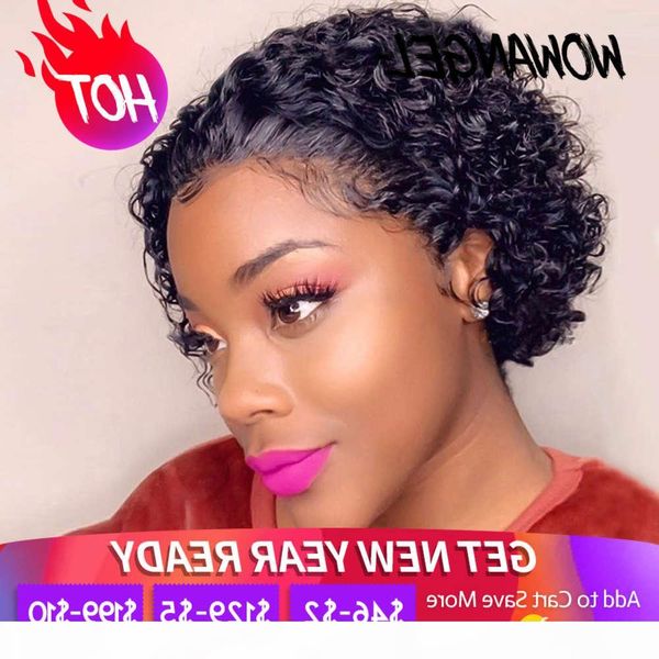 

wowangel pixie preplucked blunt cut bob closure lace wig short curly 4x4 human hair wigs glueless, Black;brown