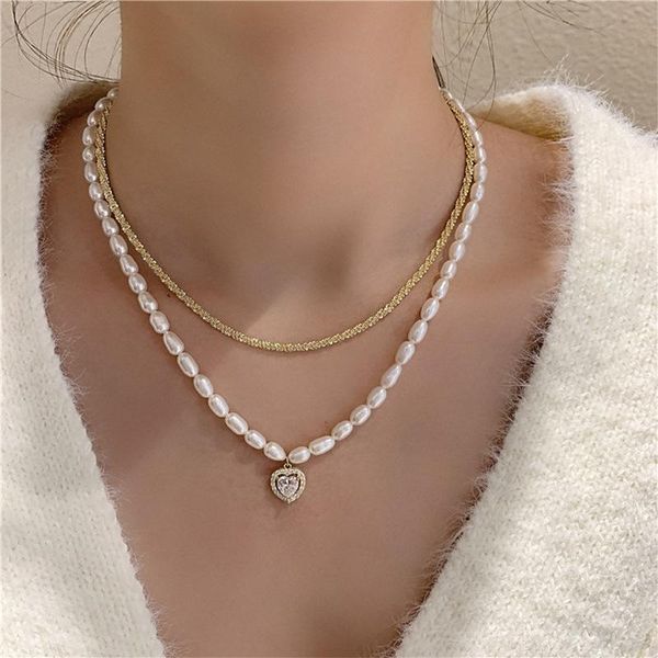 

chokers luxury natural pearl zircon heart choker necklace for women 2021 design jewelry collares gifts, Golden;silver