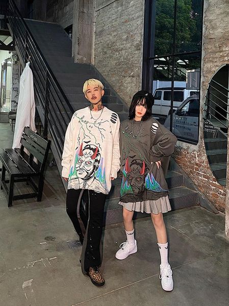 

devil jacquard hole knitted oversized sweater mens autumn winter o-neck long sleeve pullover streetwear destroy sweaters ad-2083, White;black