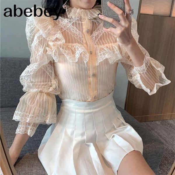 

women's sweet lace ruffle stand collar slim-fit shirt fashion new long sleeve elegant vintage harajuku korean blouse p316, White