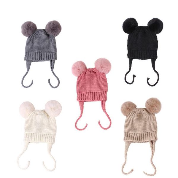 

braided double ball knitted cap for babies winter plush cap hat for kids baby girls warm beanies thic qylagc, Yellow