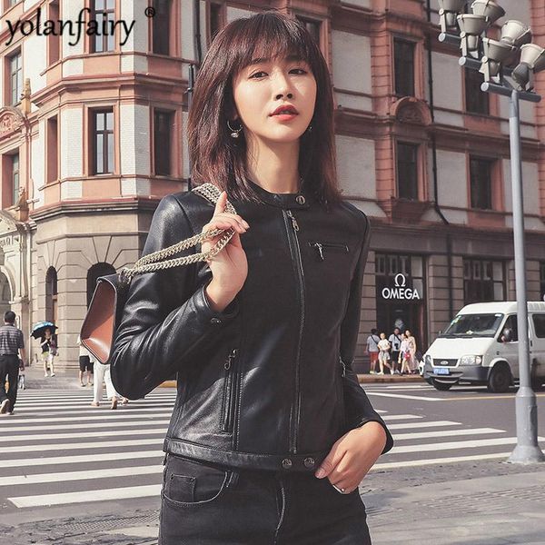 

genuine leather jacket women short biker leather jacket spring autumn sheepskin coat for women cuero genuino w00107 pph3741, Black