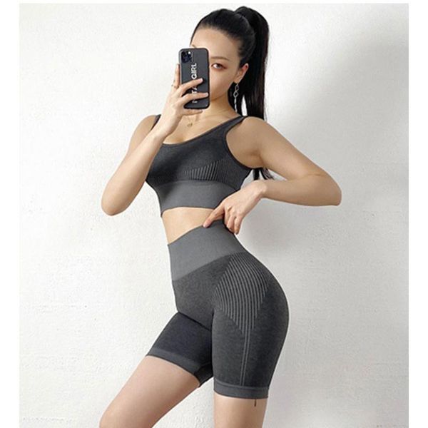 

2pcs / sets seamless fitness sets women gym workout set sports bra + short leggings high waist shorts suit girl running set, Gray