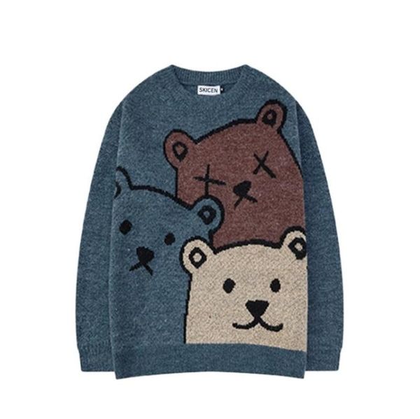 

cartoon bear sweater men 2020 autumn winter man fashion long sleeve knitted pullover high street sweater oversized w1336, White;black