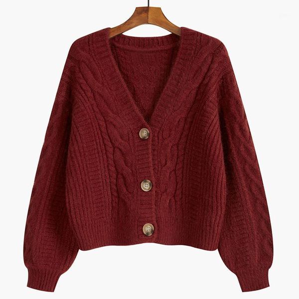 

french retro pearl buckle v-neck short long sleeve loose cable-knit sweater cardigan for women1, White