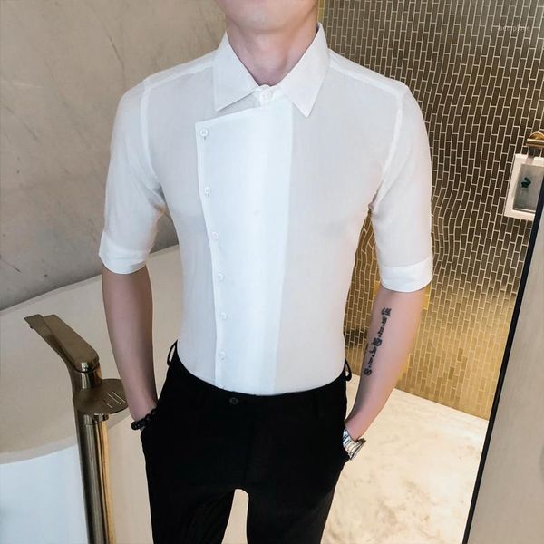 

shirt men personality asymmetric design lapel short sleeve blouse male fashion solid color slim shirts summer new black white1, White;black