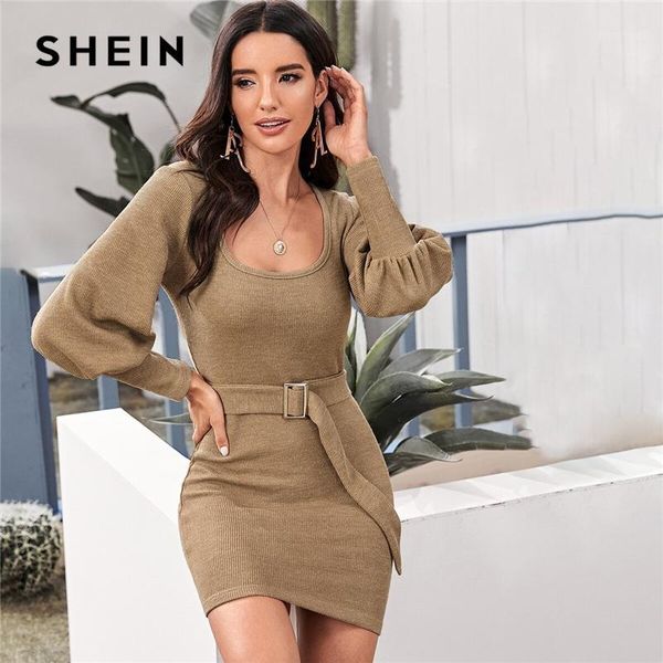 

shein scoop neck ribbed knit solid pencil sweater dress with belt women autumn streetwear bishop sleeve bodycon elegant dresses1, Black;gray