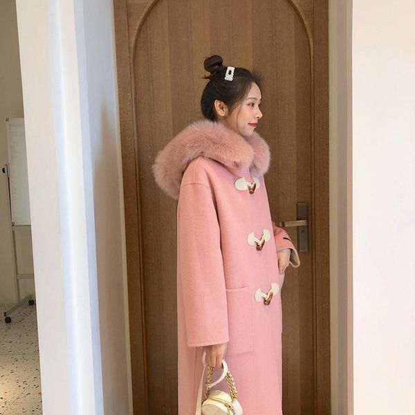 

women's wool & blends 2021 winter luxury fur korean horn buckle double-sided cashmere coat female mid-length woolen x046, Black