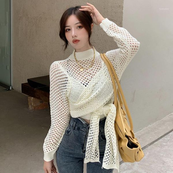 

spring fall crop long sleeve turtleneck knipullovers casual fashion brand women's clothing hollow out sweaters aesthetic1, White;black