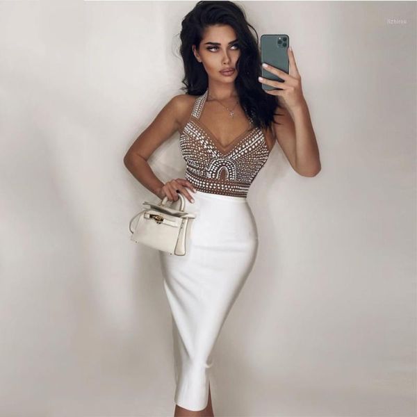 

2020 autumn new women's fashion bodycon bandage 2 two-piece set halter beaded backless short and mini skirt party set1, Gray