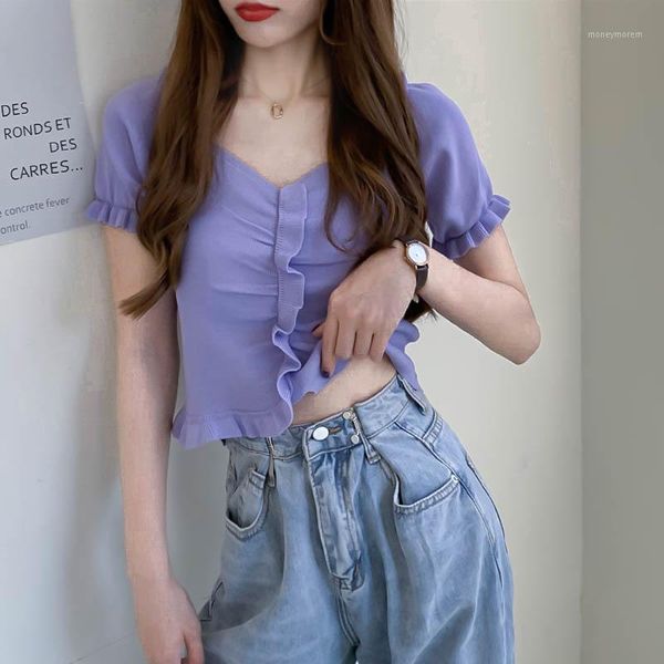 

women's t-shirt vintage v neck ruffles women t shirt slim summer knit casual harajuku thin short sleeve cardigan1, White