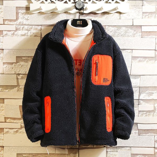 

winter 2021 lamb man's jacket velvet tide student thick turtleneck retro cotton better new stripe clothes qgkp, Black