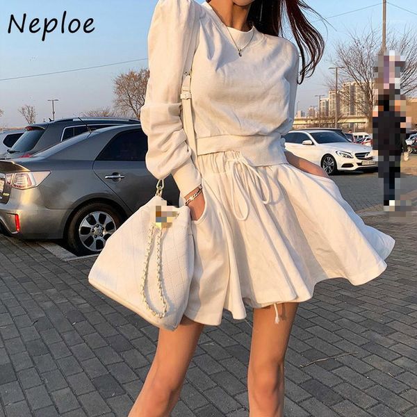 

neploe 2 piece set women o neck long sleeve hoody+lace up stretch waist a line skirts korean fashion summer suits 1e2471, Gray