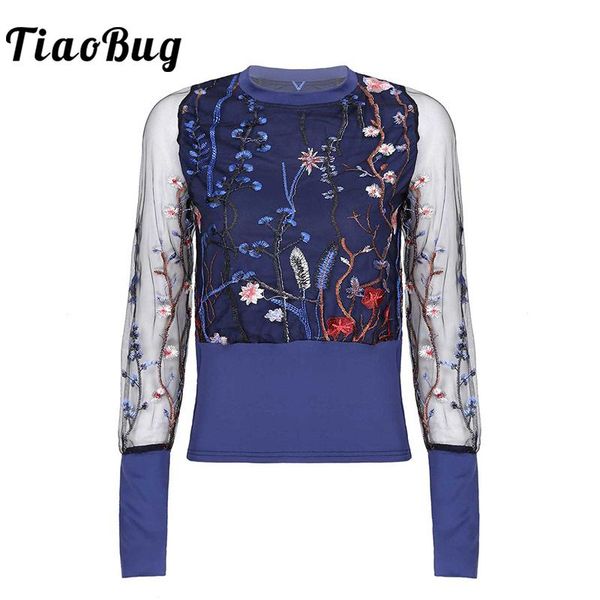 

women's blouses & shirts women casual embroidery floral spring autumn 2021 plus size sheer mesh puff long sleeve elegant ladies slim, White