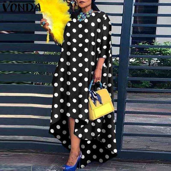 

women vintage polka dot midi dress 3 4 sleeve party dresses behemian asymmetric hem party vestido oversized robe, Black;gray