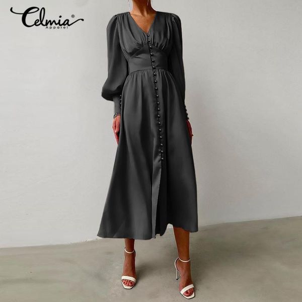 

casual dresses women dress celmia lantern sleeve party midi fashion plus size v neck satin 2021 spring high waist vestidos 7, Black;gray