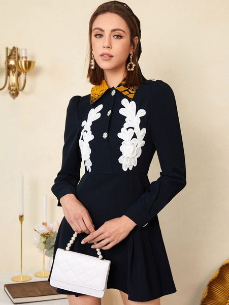 

contrast collar appliques front dress q1mw#, Black;gray