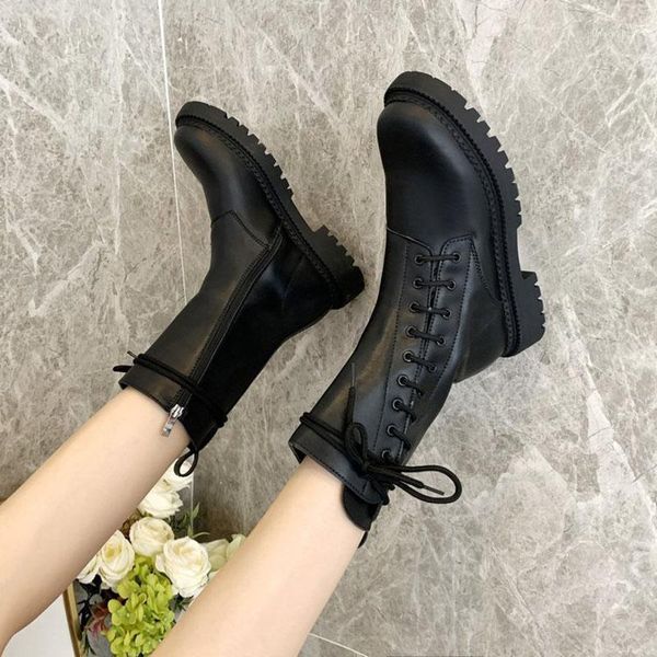 

boots 2021 button lace up zip motocycle mujer creepers pu leather&flock platform botines girls solid sewing knight riding bottes1, Black