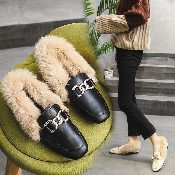 

winter woman shoes new fashion black pu leather fur fluffy warm slip-on solid round head loafers soft comfortable women shoes q1223, Black;white