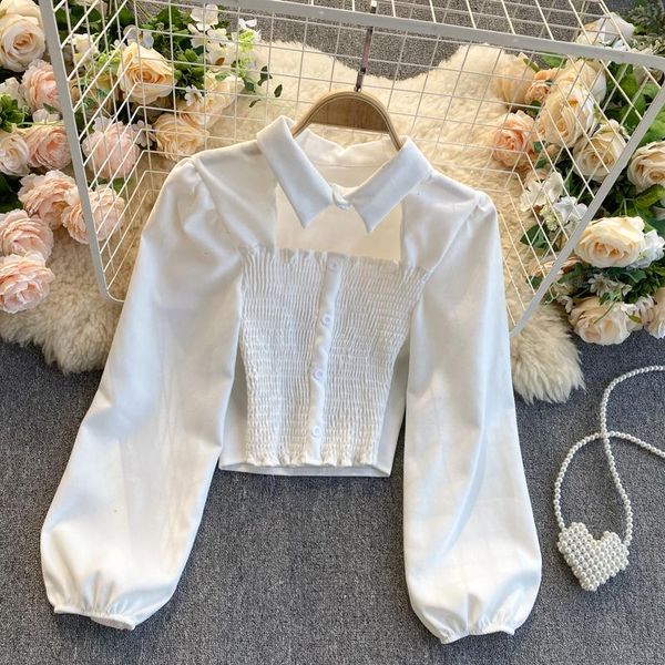 

lady new fashion hollow short 2020 new women long sleeve solid color blouse blusas de mujer clothings q681, White