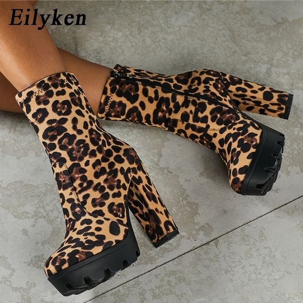 

eilyken fashion leopard ankle boots for women thick heels autumn winter flock platform shoes high heels zipper ladies boots 201102, Black