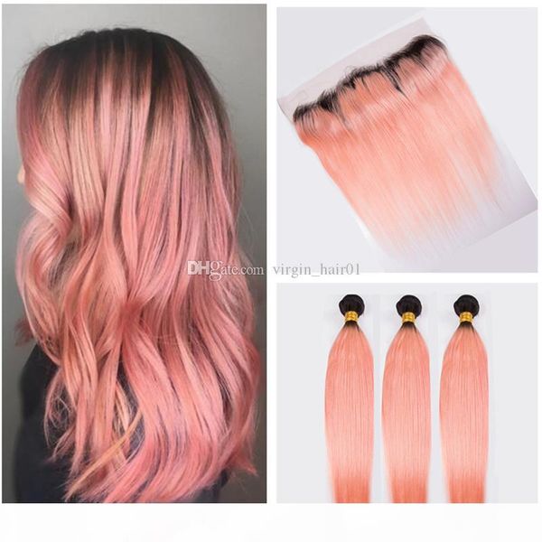 

ombre rose gold 13*4 full lace band frontal closure with brazilian virgin #1b rose pink human silk straight hair bundles double down wefts, Black;brown