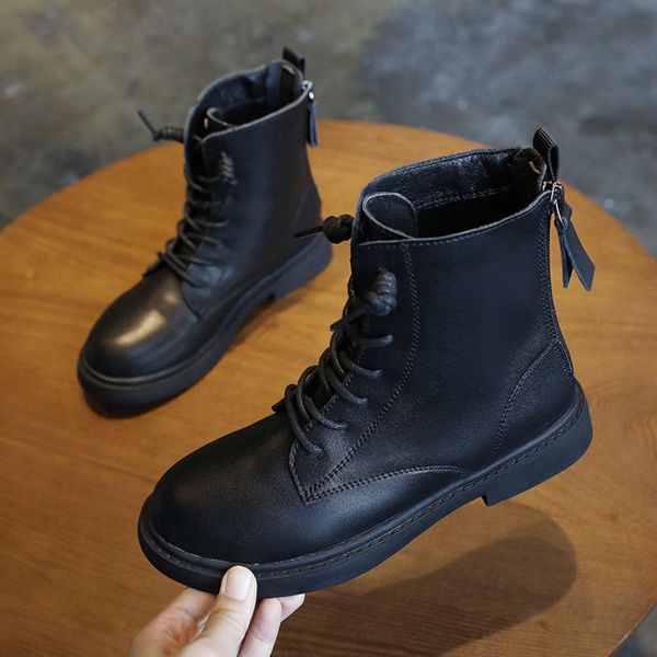 

children's girls' martin cowhide short spring and autumn single 2020 new british fashion show black cotton boots