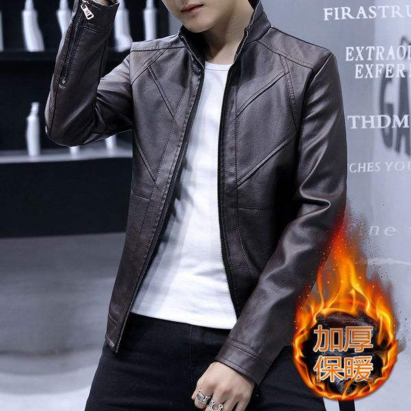 

2020 winter plush korean slim fit leisure motorcycle jacket men's pu leather coat, Black;brown