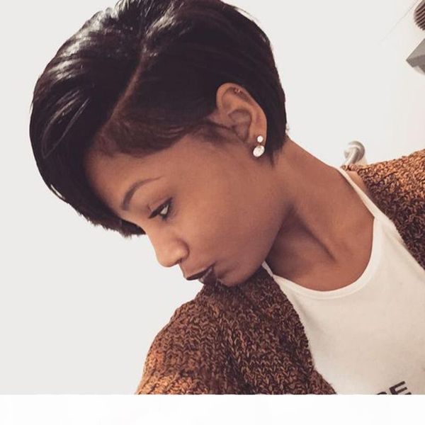 

short pixie straight peruvian lace front side part human hair wigs for women remy hair wig with baby hair natural hairline, Black;brown