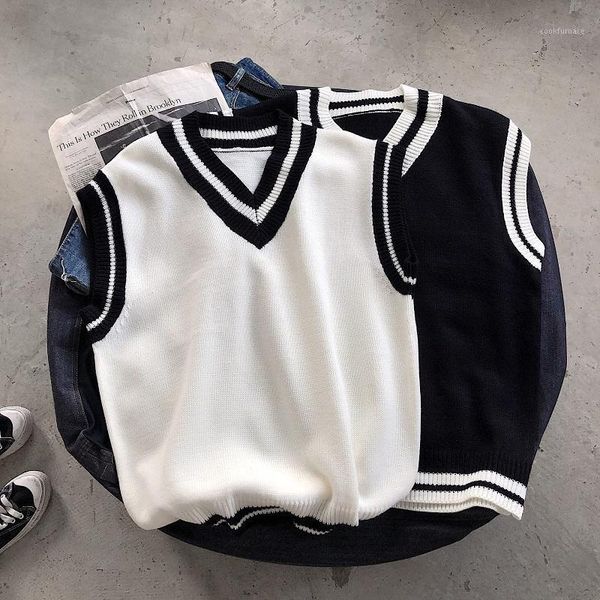 

autumn vest sweater men fashion contrast color casual knit sweaters vest man streetwear loose sleeveless sweter clothes1, Black;white