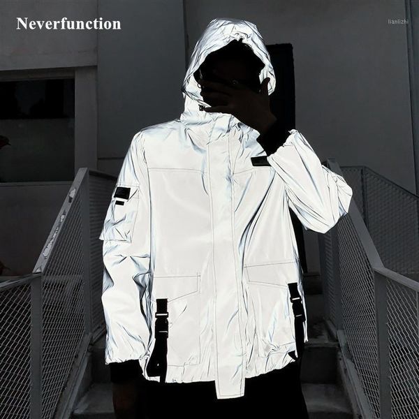 

new men night reflective gray hooded windbreaker jacket male streetwear multi-pocket ribbon loose casual jackets coats1, Black;brown