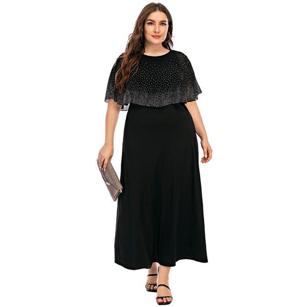 

casual dresses maxi dress women 6xl cloak sleeves elegant plus size bling blng long vestidos party patchwork vintage robeq30, Black;gray