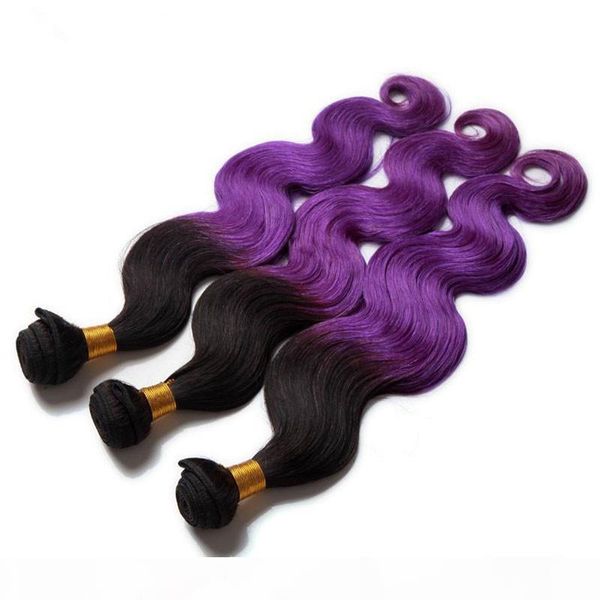 

virgin malaysian human hair 1b purple two tone hair bundles body wave wavy dark roots purple ombre malaysian hair wefts extensions 3pcs lot, Black