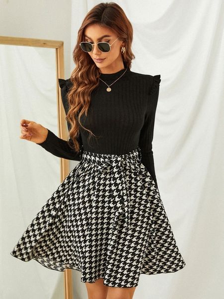 

2 in 1 houndstooth frill trim belted flared dress p1bl#, Black;gray
